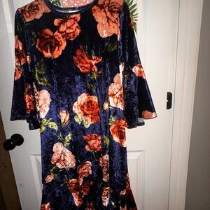 LuLaRoe Navy and Orange Floral Velvet Dress